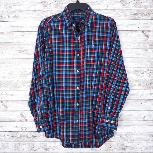 Tailorbyrd Mens Stretch Flannel Shirt M Button Up Plaid Blue Red 843 - Picture 1 of 6